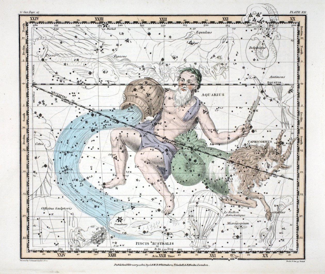 Souhvězdí (tabulka XXI) Kozoroh a Vodnář, z knihy "A Celestial Atlas" od Alexandra Jamiesona, vyd. London 1822 (ručně kolorovaná rytina) od Alexander Jamieson