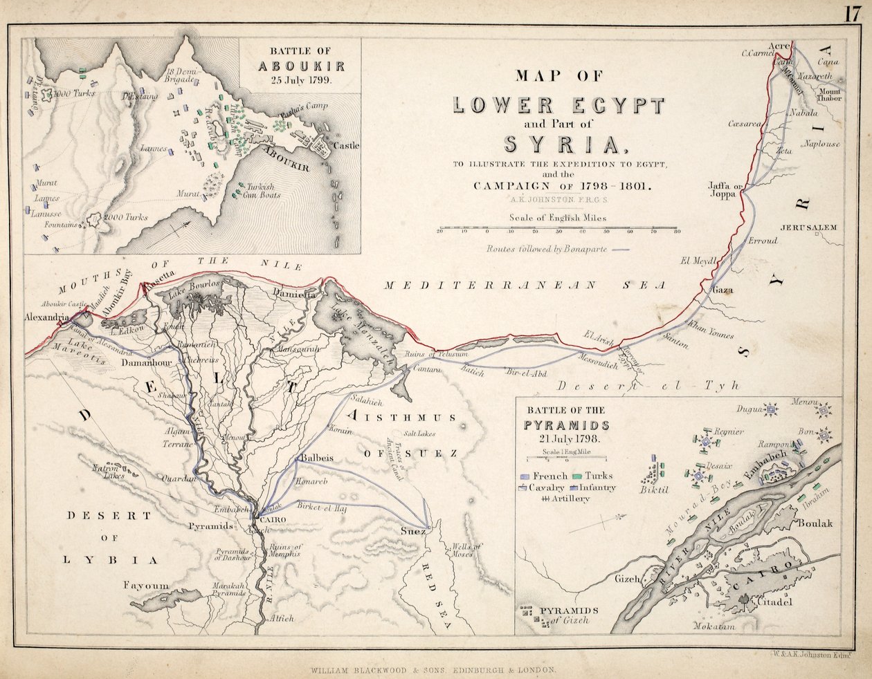 Mapa Dolního Egypta a části Sýrie, publikoval William Blackwood and Sons, Edinburgh und London, 1848 (ručně kolorovaná rytina) od Alexander Keith Johnston