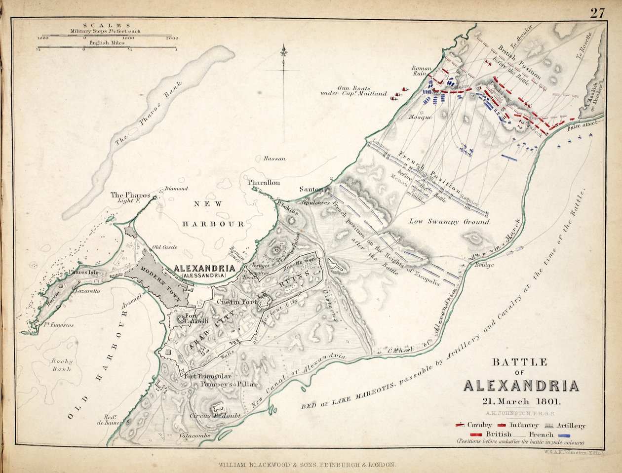 Mapa bitvy u Alexandrie, publikoval William Blackwood and Sons, Edinburgh und London, 1848 (ručně kolorovaná rytina) od Alexander Keith Johnston