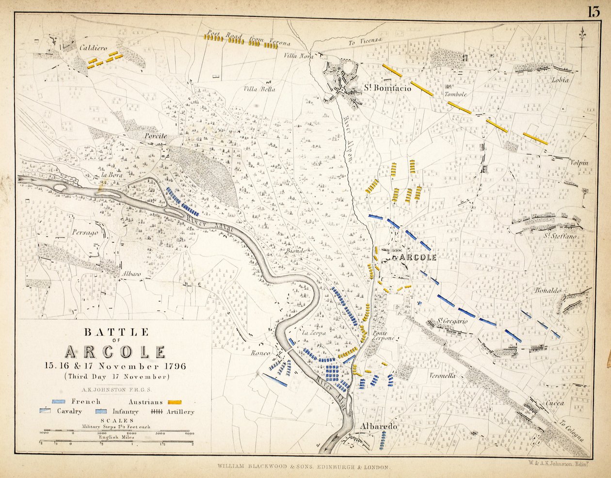 Mapa bitvy u Arcole, kterou vydal William Blackwood and Sons, Edinburgh und London, 1848 (ručně kolorovaná rytina) od Alexander Keith Johnston