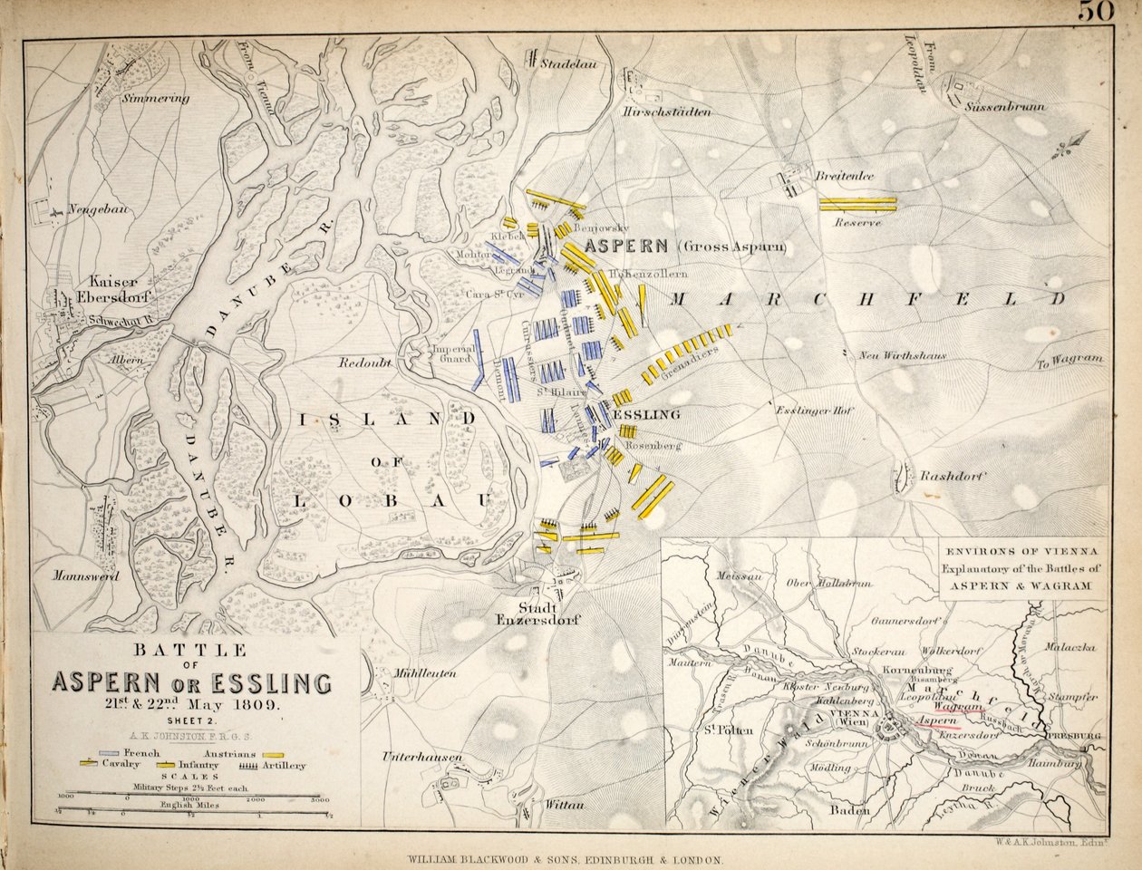 Mapa bitvy u Aspern nebo Esslingu, vydaná společností William Blackwood and Sons, Edinburgh und London, 1848 (ručně kolorovaná rytina) od Alexander Keith Johnston
