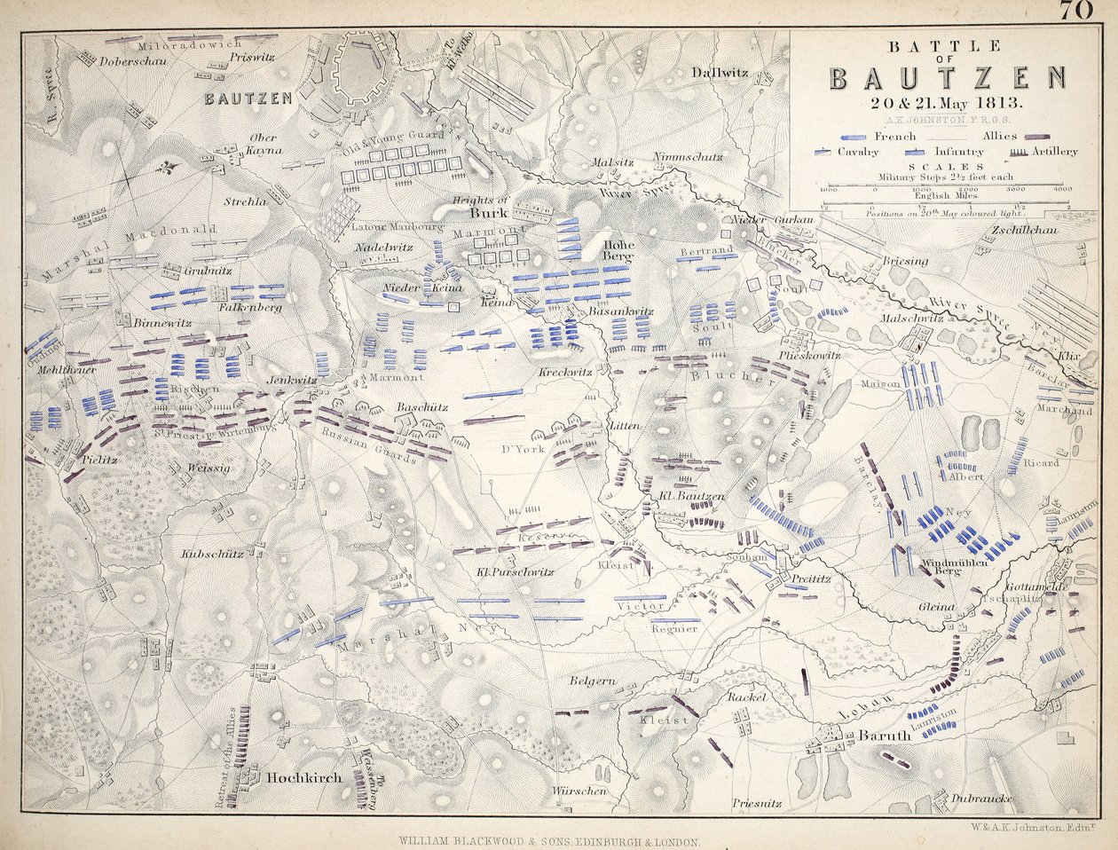 Mapa bitvy u Budyšína, vydal William Blackwood and Sons, Edinburgh und London, 1848 (ručně kolorovaná rytina) od Alexander Keith Johnston
