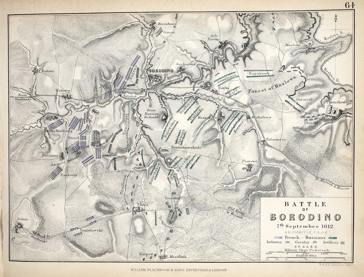 Mapa bitvy u Borodina, kterou vydal William Blackwood and Sons, Edinburgh und London, 1848 (ručně kolorovaná rytina) od Alexander Keith Johnston