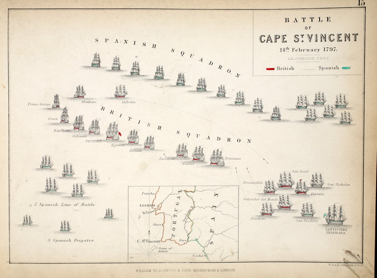 Mapa bitvy u Cape St. Vincent, vydaná Williamem Blackwoodem a syny, Edinburgh und London, 1848 (ručně kolorovaná rytina) od Alexander Keith Johnston