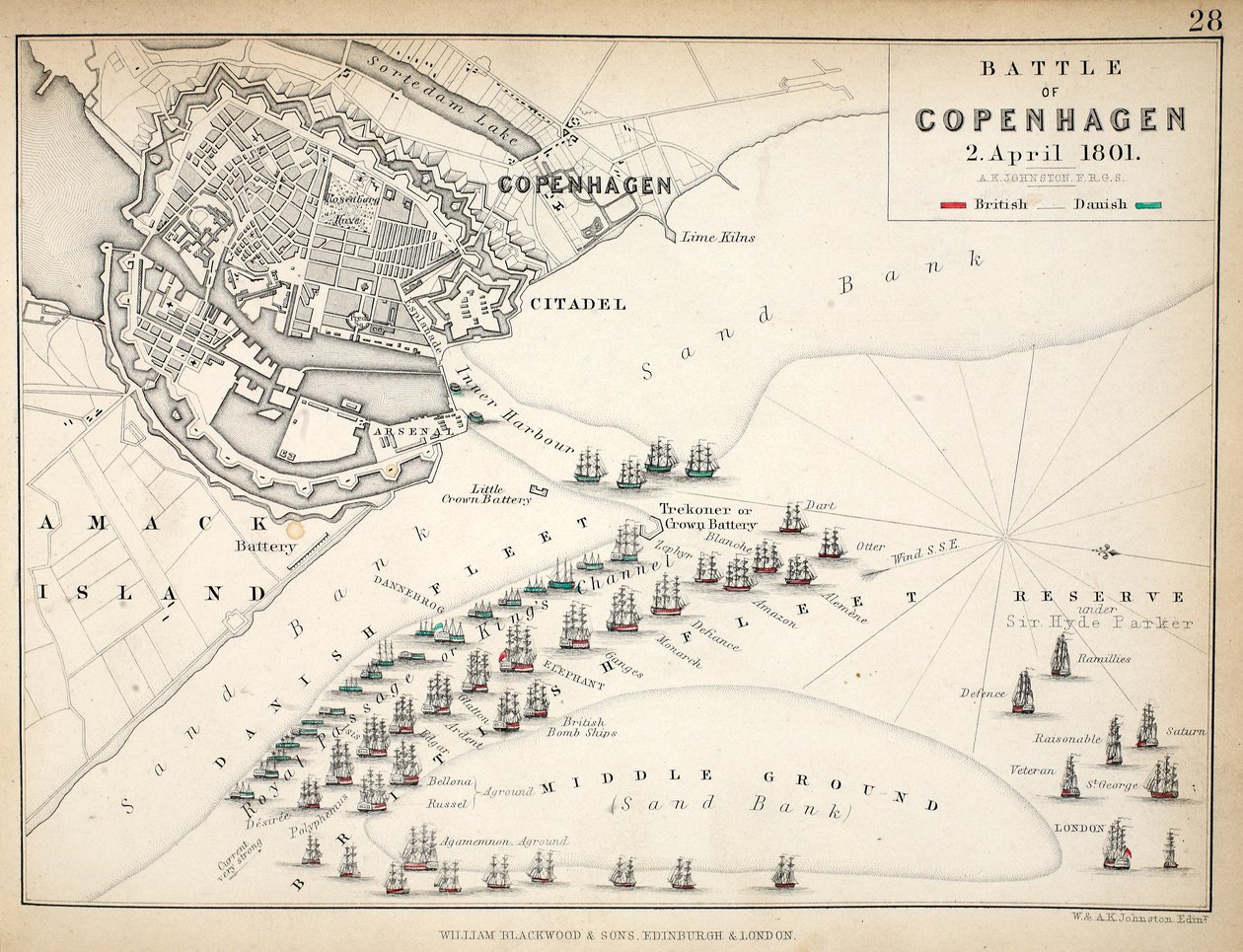 Mapa bitvy u Kodaně, kterou vydal William Blackwood and Sons, Edinburgh und London, 1848 (ručně kolorovaná rytina) od Alexander Keith Johnston