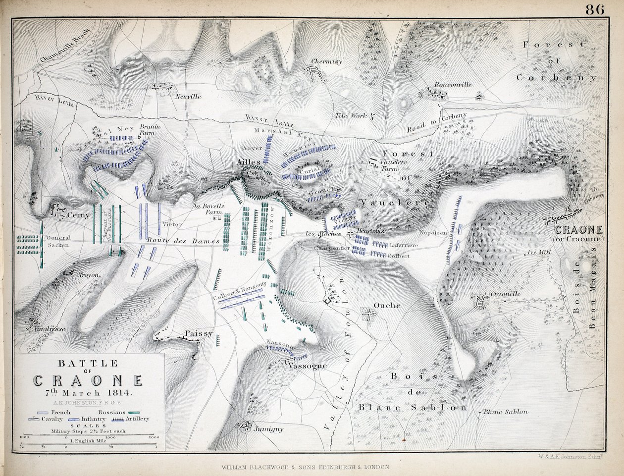 Mapa bitvy u Craone, vydal William Blackwood and Sons, Edinburgh und London, 1848 (ručně kolorovaná rytina) od Alexander Keith Johnston