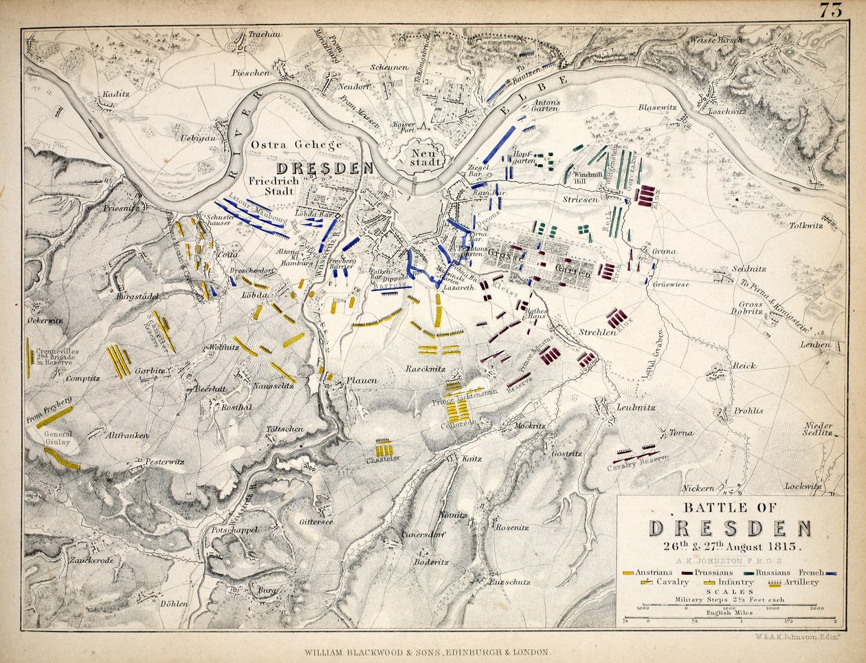 Mapa bitvy u Drážďan, publikoval William Blackwood and Sons, Edinburgh und London, 1848 (ručně kolorovaná rytina) od Alexander Keith Johnston