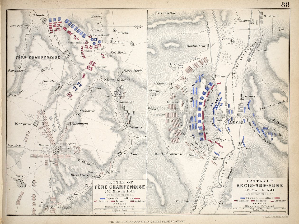 Mapa bitvy u Fere Champenoise a bitvy u Arcis-Sur-Aube, publikoval William Blackwood and Sons, Edinburgh und London, 1848 (ručně kolorovaná rytina) od Alexander Keith Johnston