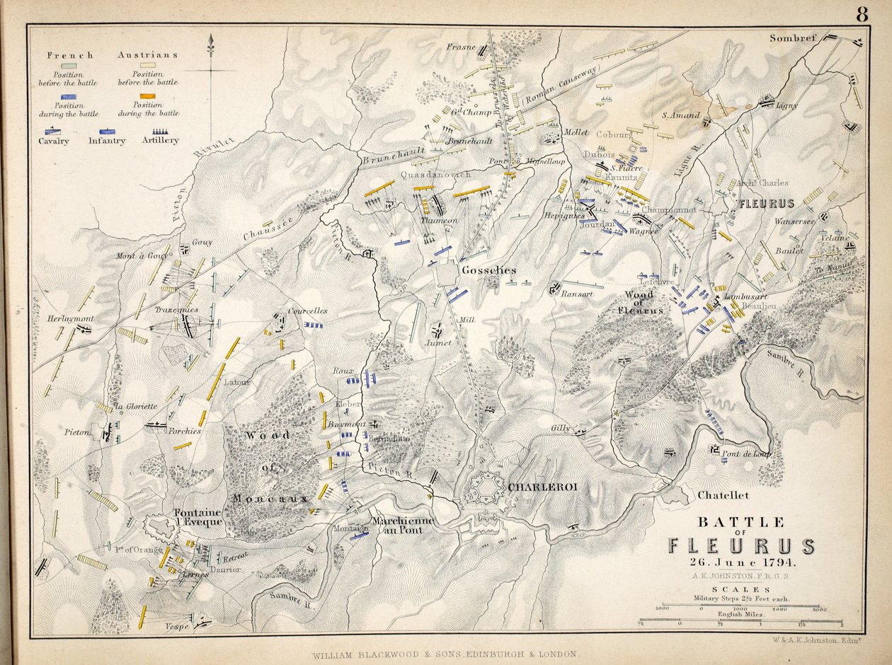 Mapa bitvy u Fleurus, publikoval William Blackwood and Sons, Edinburgh und London, 1848 (ručně kolorovaná rytina) od Alexander Keith Johnston