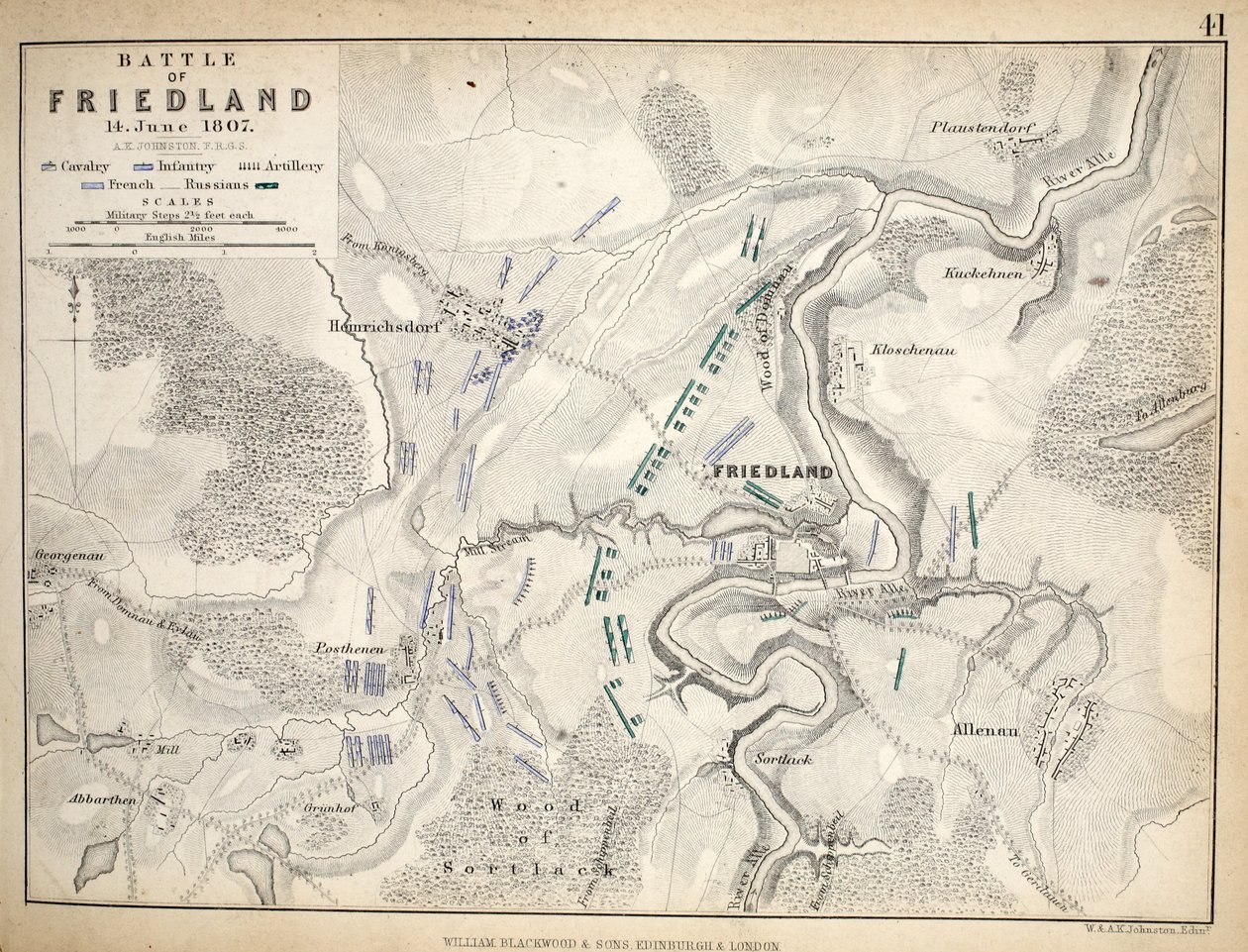 Mapa bitvy u Friedlandu, kterou vydal William Blackwood and Sons, Edinburgh und London, 1848 (ručně kolorovaná rytina) od Alexander Keith Johnston