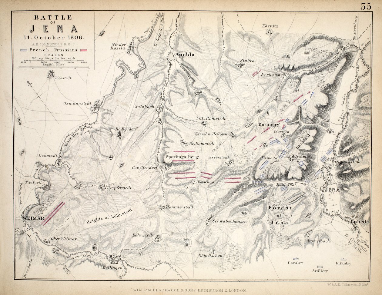 Mapa bitvy u Jeny, kterou vydal William Blackwood and Sons, Edinburgh und London, 1848 (ručně kolorovaná rytina) od Alexander Keith Johnston