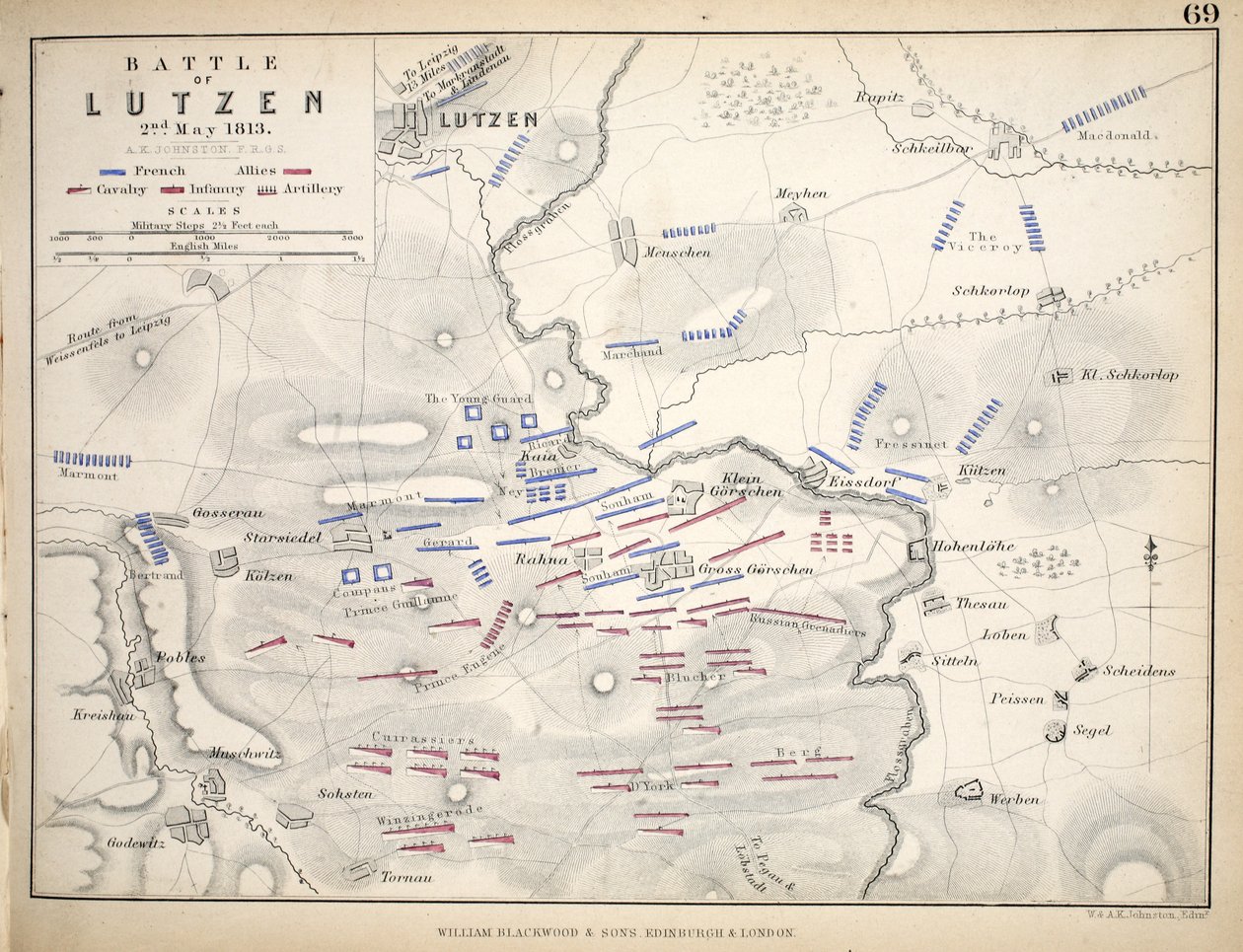 Mapa bitvy u Lutzenu, kterou vydal William Blackwood and Sons, Edinburgh und London, 1848 (ručně kolorovaná rytina) od Alexander Keith Johnston