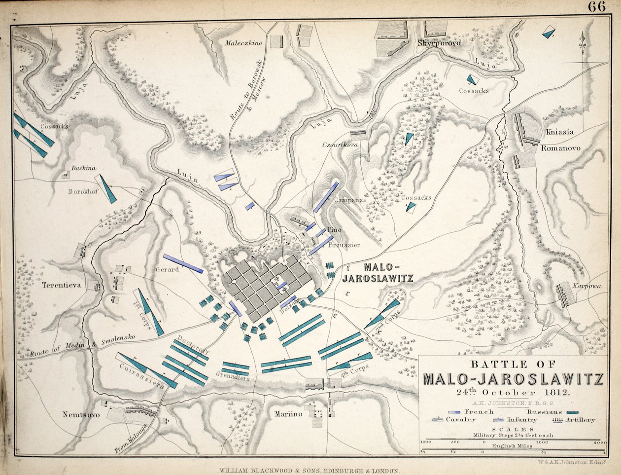 Mapa bitvy u Malo-Jaroslawitz, vydaná společností William Blackwood and Sons, Edinburgh und London, 1848 (ručně kolorovaná rytina) od Alexander Keith Johnston