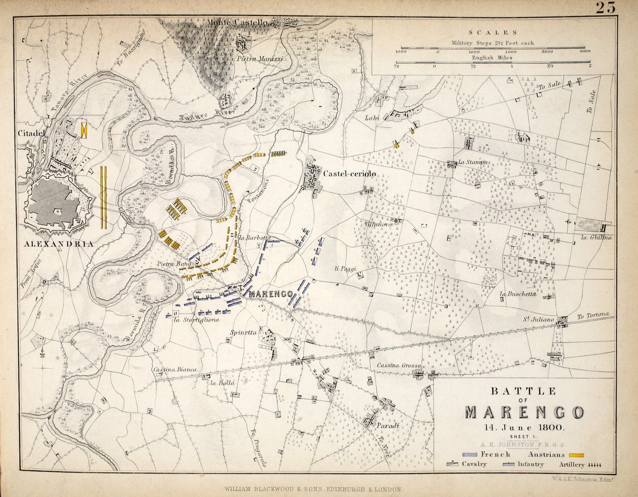 Mapa bitvy u Marenga, vydal William Blackwood and Sons, Edinburgh und London, 1848 (ručně kolorovaná rytina) od Alexander Keith Johnston