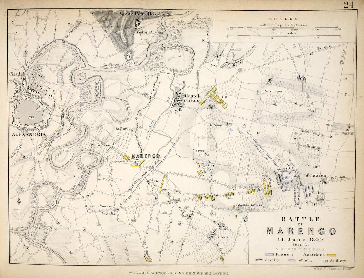 Mapa bitvy u Marenga, publikoval William Blackwood and Sons, Edinburgh und London, 1848 (ručně kolorovaná rytina) od Alexander Keith Johnston