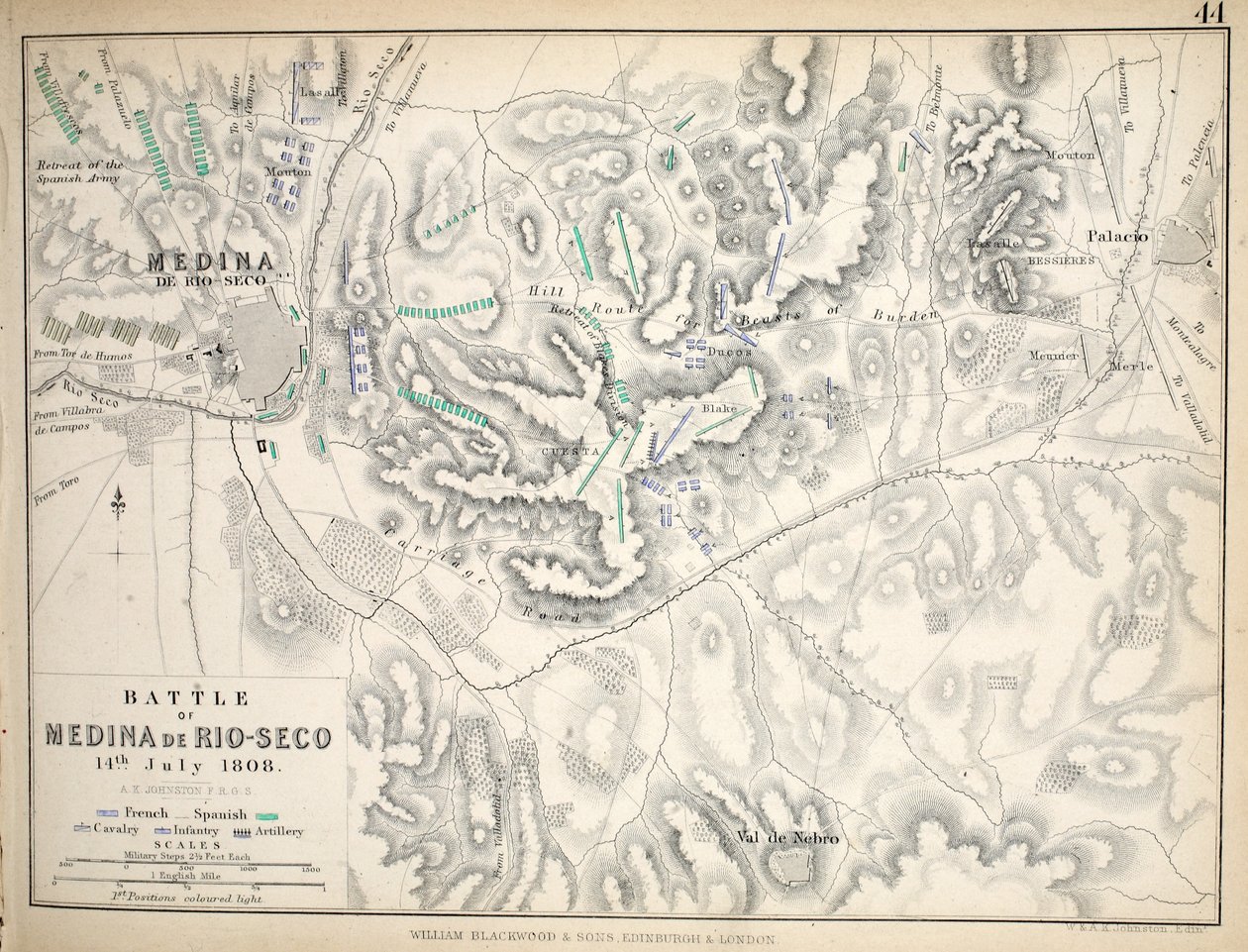 Mapa bitvy u Mediny de Rio-Seco, kterou vydal William Blackwood and Sons, Edinburgh und London, 1848 (ručně kolorovaná rytina) od Alexander Keith Johnston