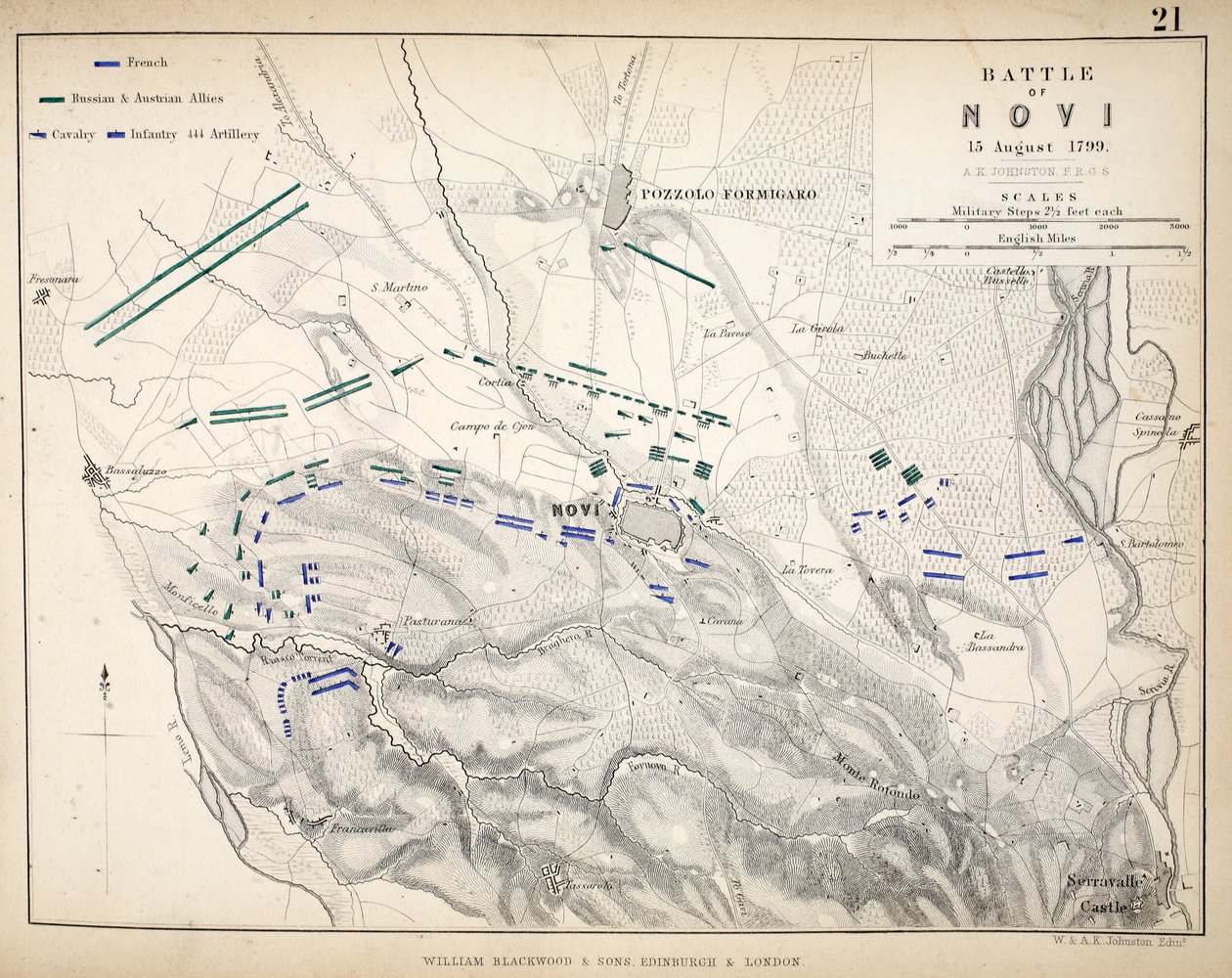 Mapa bitvy u Novi, publikoval William Blackwood and Sons, Edinburgh und London, 1848 (ručně kolorovaná rytina) od Alexander Keith Johnston