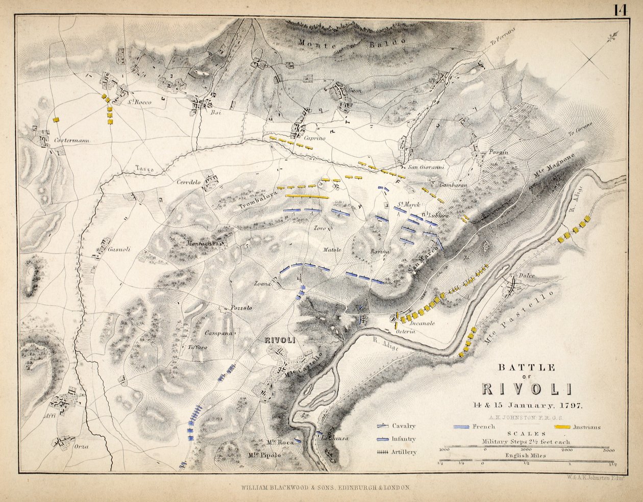 Mapa bitvy u Rivoli, kterou vydal William Blackwood and Sons, Edinburgh und London, 1848 (ručně kolorovaná rytina) od Alexander Keith Johnston