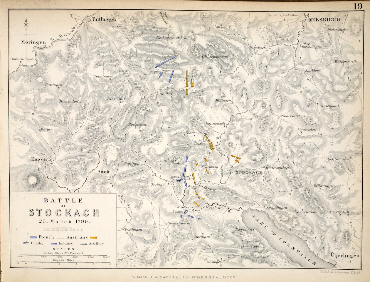Mapa bitvy u Stockachu, kterou vydal William Blackwood and Sons, Edinburgh und London, 1848 (ručně kolorovaná rytina) od Alexander Keith Johnston