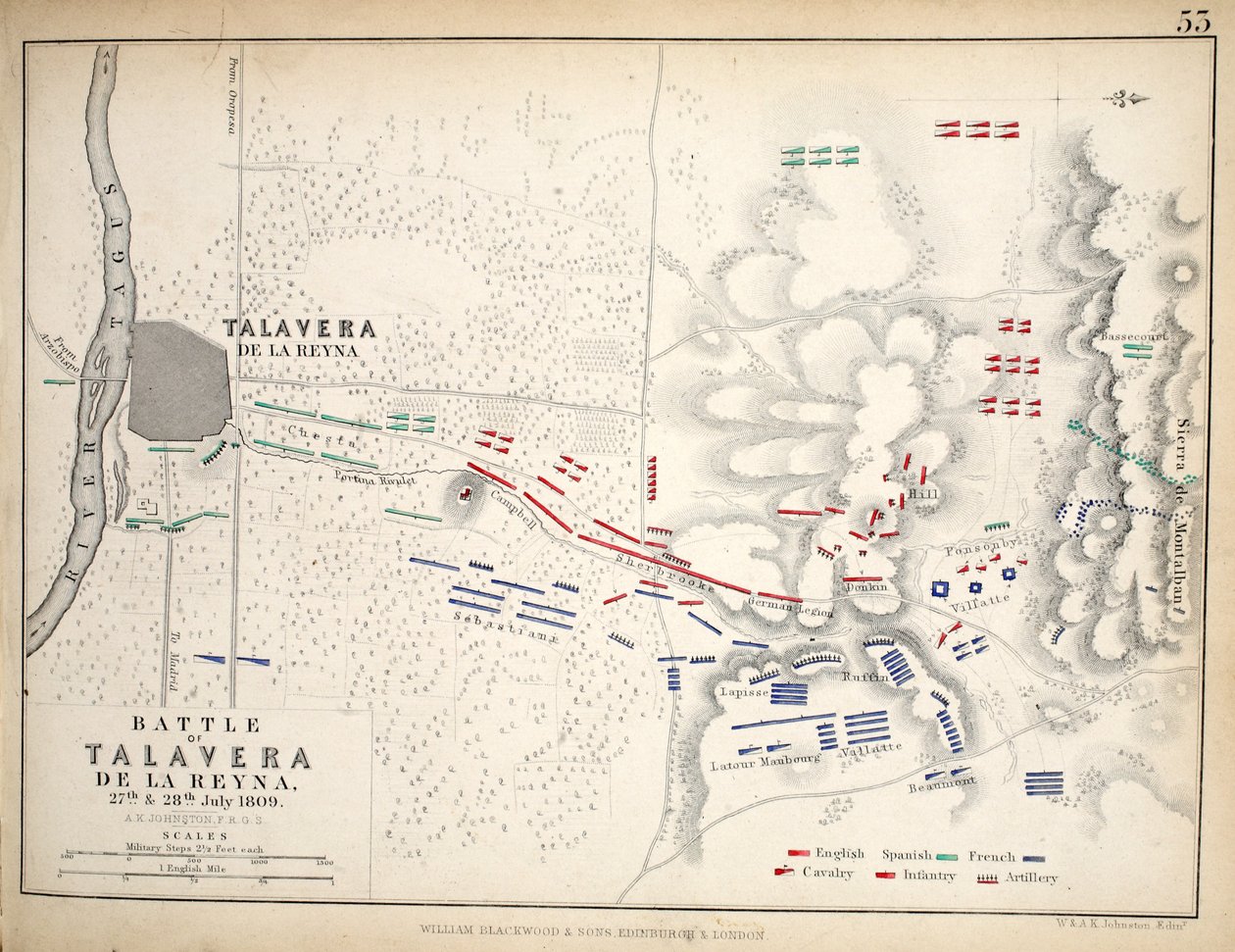 Mapa bitvy u Talavery, kterou vydal William Blackwood and Sons, Edinburgh und London, 1848 (ručně kolorovaná rytina) od Alexander Keith Johnston
