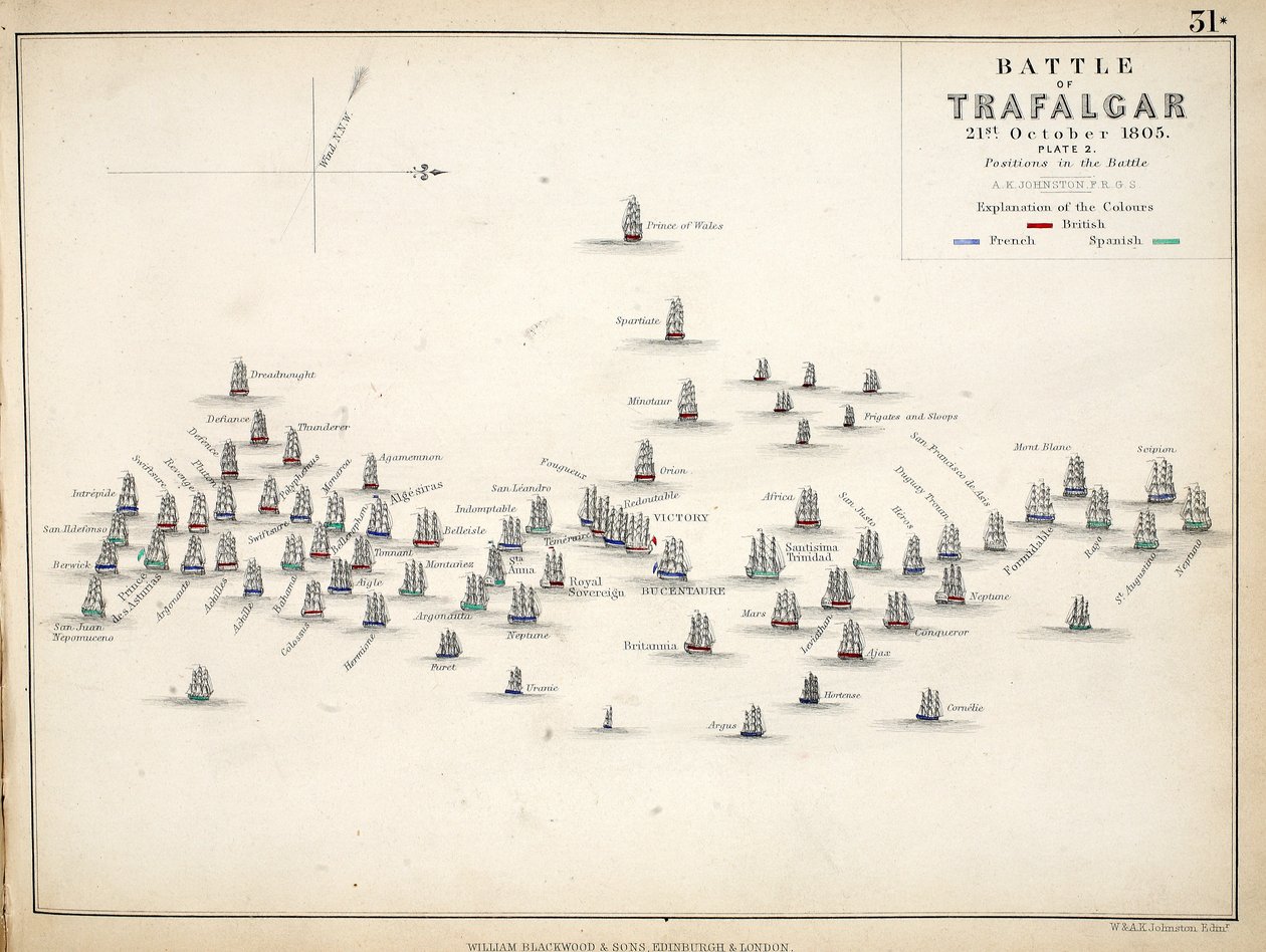 Mapa bitvy u Trafalgaru, kterou vydal William Blackwood and Sons, Edinburgh und London, 1848 (ručně kolorovaná rytina) od Alexander Keith Johnston