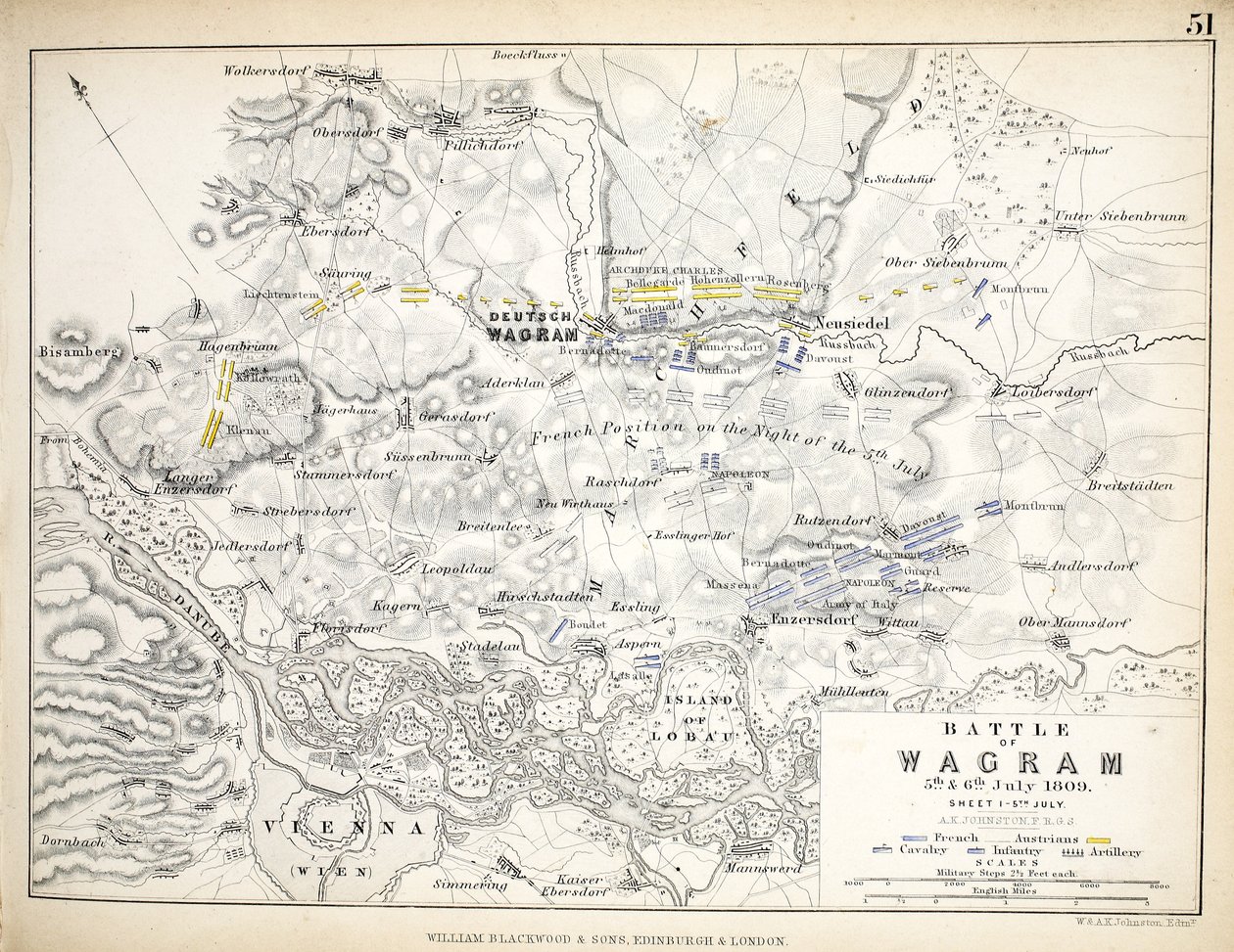 Mapa bitvy u Wagramu, kterou vydal William Blackwood and Sons, Edinburgh und London, 1848 (ručně kolorovaná rytina) od Alexander Keith Johnston