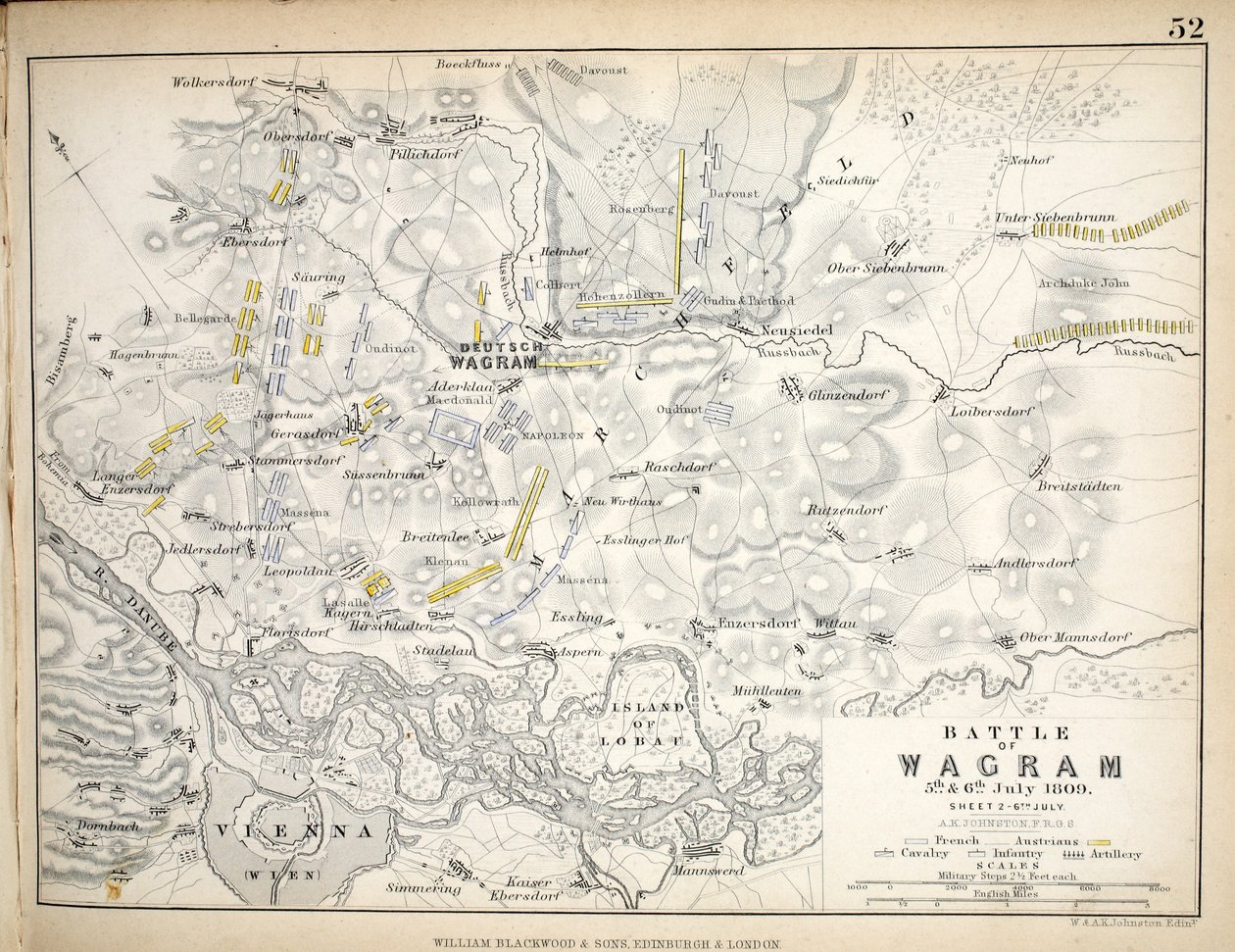 Mapa bitvy u Wagramu, kterou vydal William Blackwood and Sons, Edinburgh und London, 1848 (ručně kolorovaná rytina) od Alexander Keith Johnston