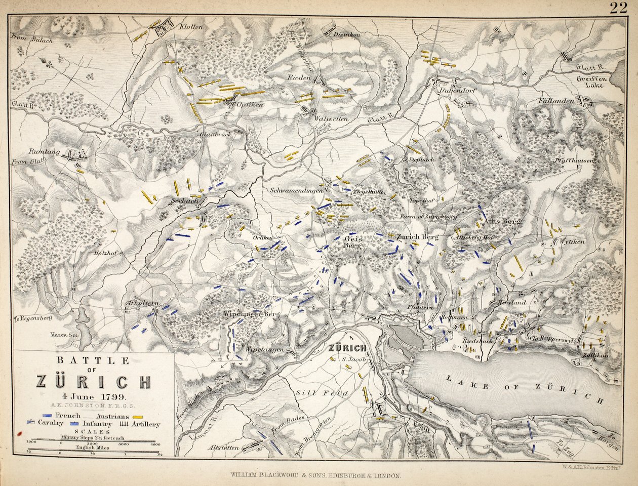 Mapa bitvy u Curychu, publikoval William Blackwood and Sons, Edinburgh und London, 1848 (ručně kolorovaná rytina) od Alexander Keith Johnston