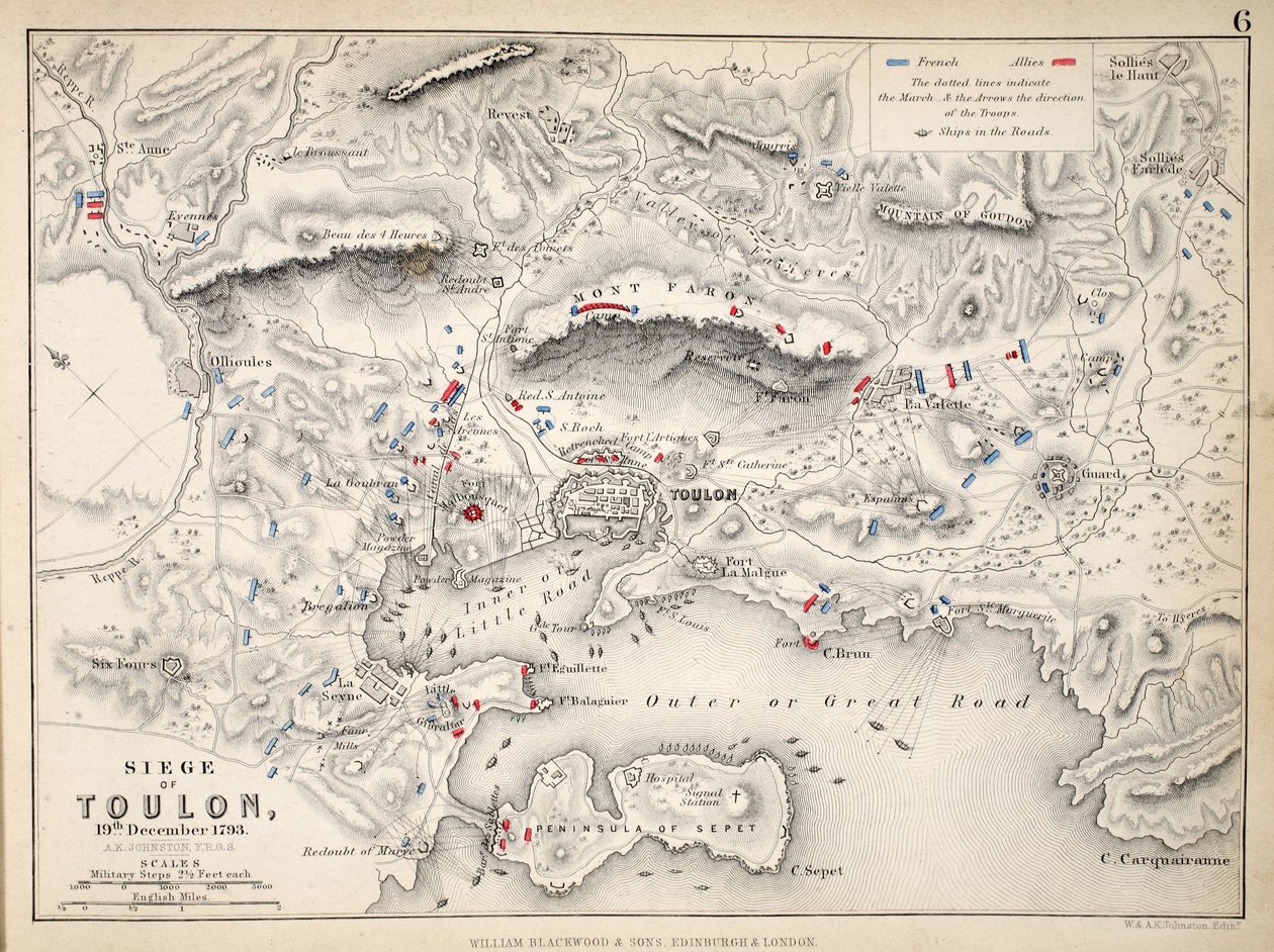Map of the Siege of Toulon, publikoval William Blackwood and Sons, Edinburgh und London, 1848 (ručně kolorovaná rytina) od Alexander Keith Johnston