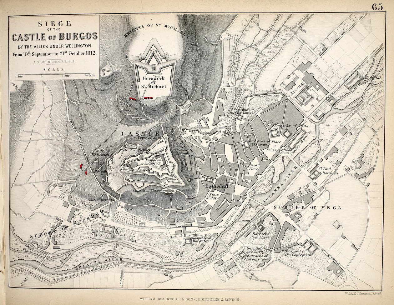 Mapa obléhání hradu Burgos, publikoval William Blackwood and Sons, Edinburgh und London, 1848 (ručně kolorovaná rytina) od Alexander Keith Johnston