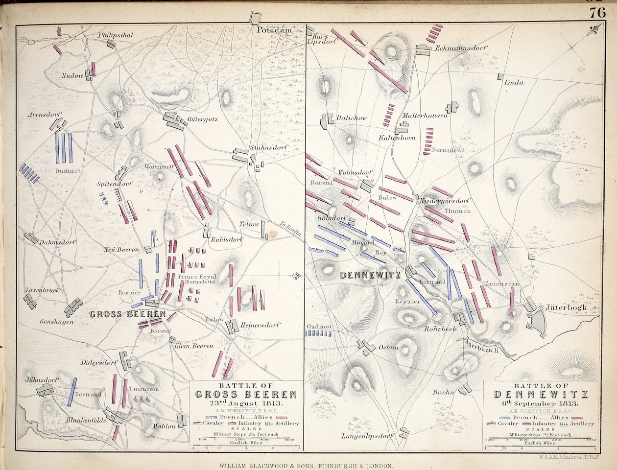 Mapy bitvy u Gross Beeren a bitvy u Dennewitz, vydané Williamem Blackwoodem a syny, Edinburgh und London, 1848 (ručně kolorovaná rytina) od Alexander Keith Johnston