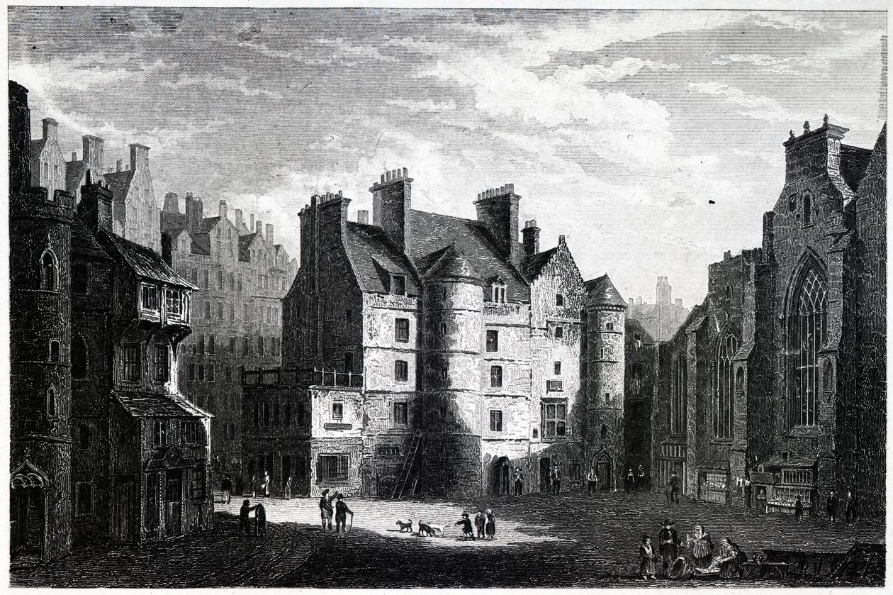 Old Tolbooth, Edinburgh, rytý Edward Finden (1791-1857) od Alexander Nasmyth
