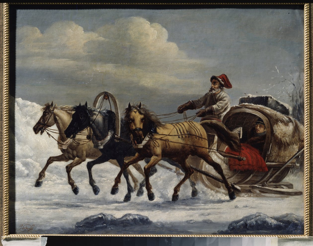 Trojka (sáně tažené spřežením tří koní). Malba Alexandra Osipoviče Orlowského (1777-1832), olej na kovu od Alexander Orlowski