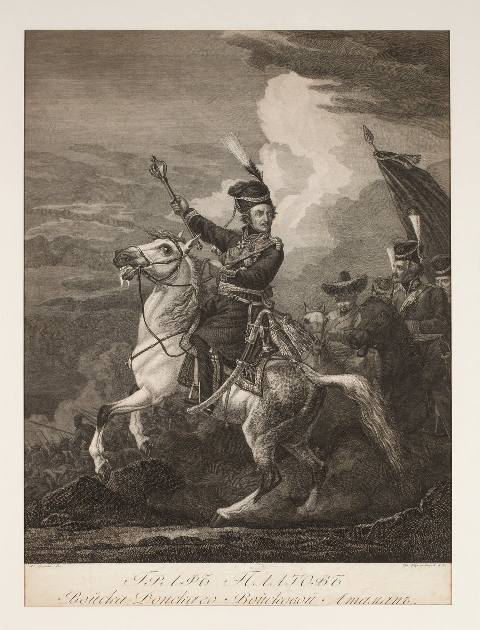 Portrét hraběte Platova (1751-1818) na koni (rytina) od after Alexander Orlowski