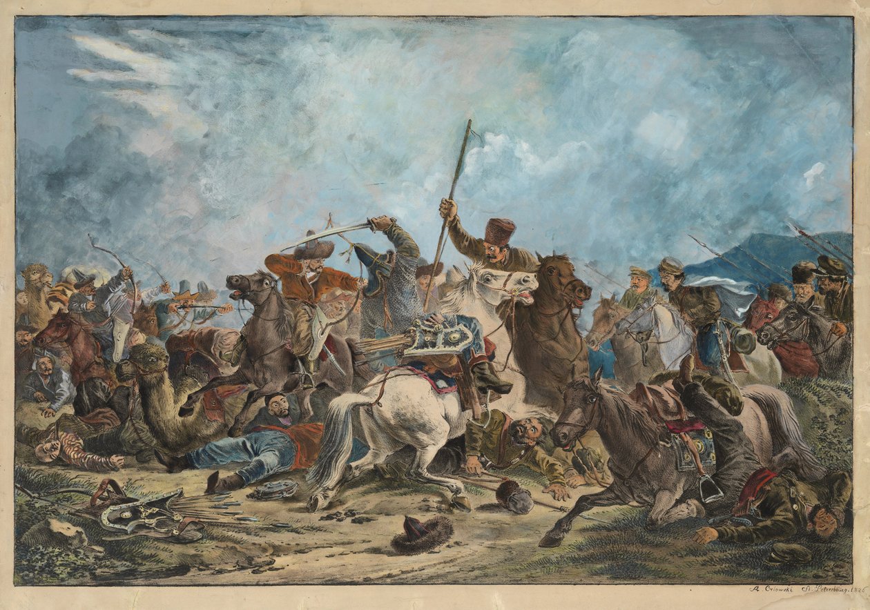 Kirghizes (Kirghiz ) a kozáci - Bitva mezi Kirgizy a kozáky - Orlowski (Orlovsky), Alexander Osipovič (1777-1832) - 1826 - Litografie, akvarel - 54x77 - Soukromá sbírka od Alexander Orlowski