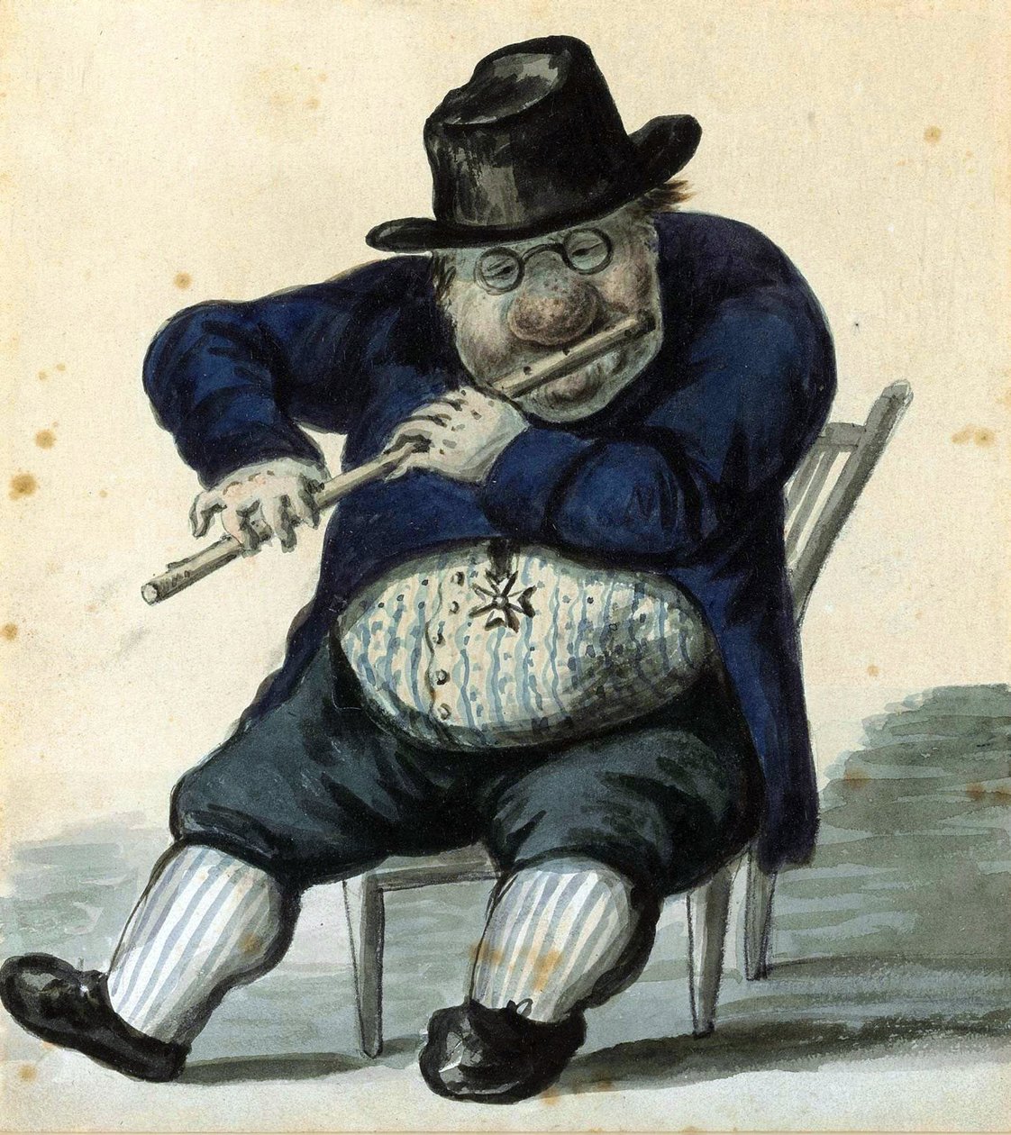 Karikaturní portrét architekta Giacoma Quarenghiho (1744-1817). (Karikaturní portrét architekta G. Quarenghiho). Hlavní architekt Petrohradu, je reprezentován svým dalekohledem, sedící, hraje na flétnu, s čestnou medailí od Alexander Orlowski
