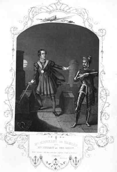 Pan Macready jako Hamlet a pan Stuart jako Duch, dějství I, scéna 5, v Hamletovi od Williama Shakespeara (1564-1616), vyryto Georgem Hollisem (1792-1842) (rytina) od Alexander (after) Reid
