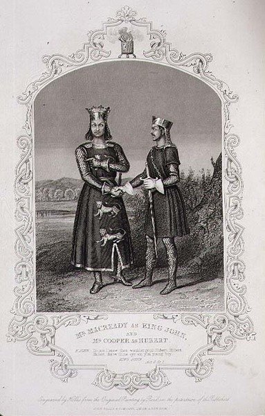 Pan Macready jako král John a pan Cooper jako Hubert, dějství III, scéna 3 z 