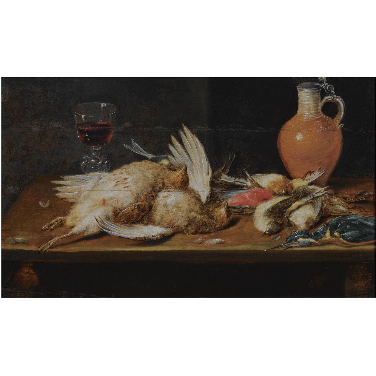 Zátiší s robinem, králíčkem, koroptvemi a zpěvnými ptáky na dřevěném stole, spolu se sklenicí a kameninovým džbánem. od Alexander Adriaenssen