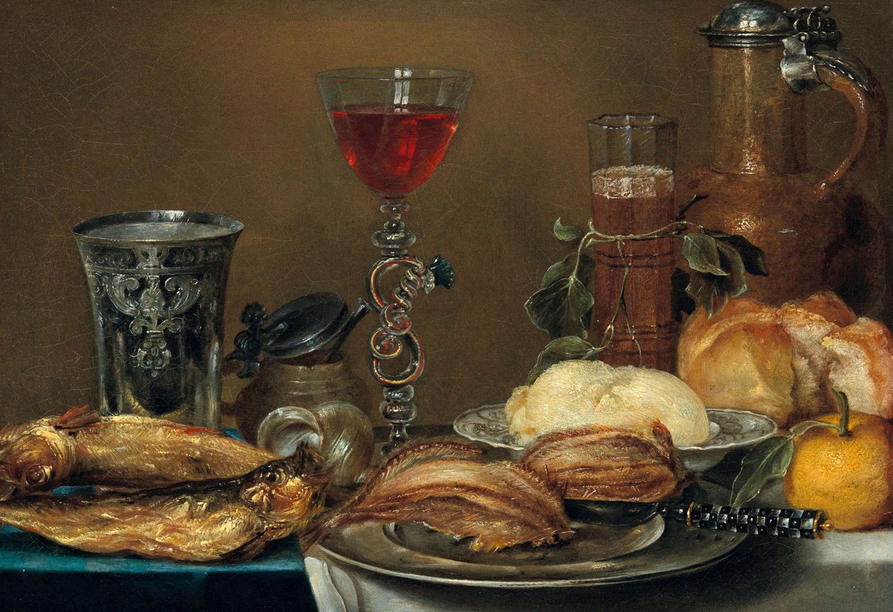 Snídaňové zátiší s rybou, chlebem, máslem a citronem před číší, sklenicemi a stříbrnou kádinkou od Alexander Adriaenssen