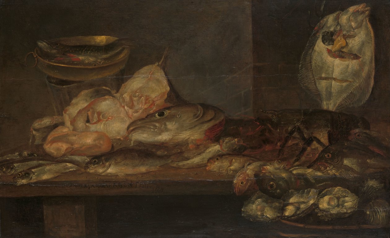 Zátiší s rybami a humrem a ústřicemi na stole poblíž od Alexander Adriaenssen