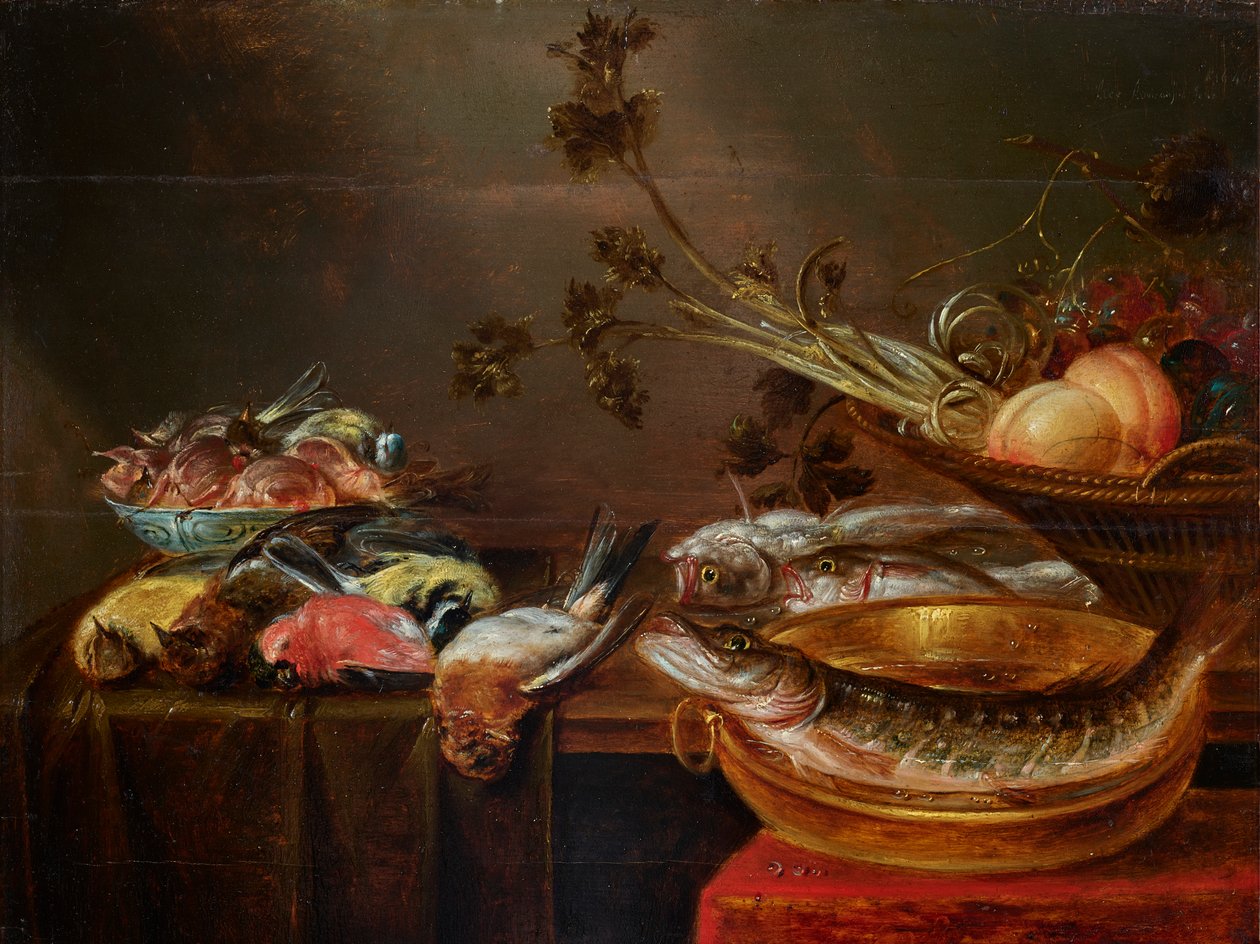 Zátiší s rybami, ptáky a ovocem od Alexander Adriaenssen