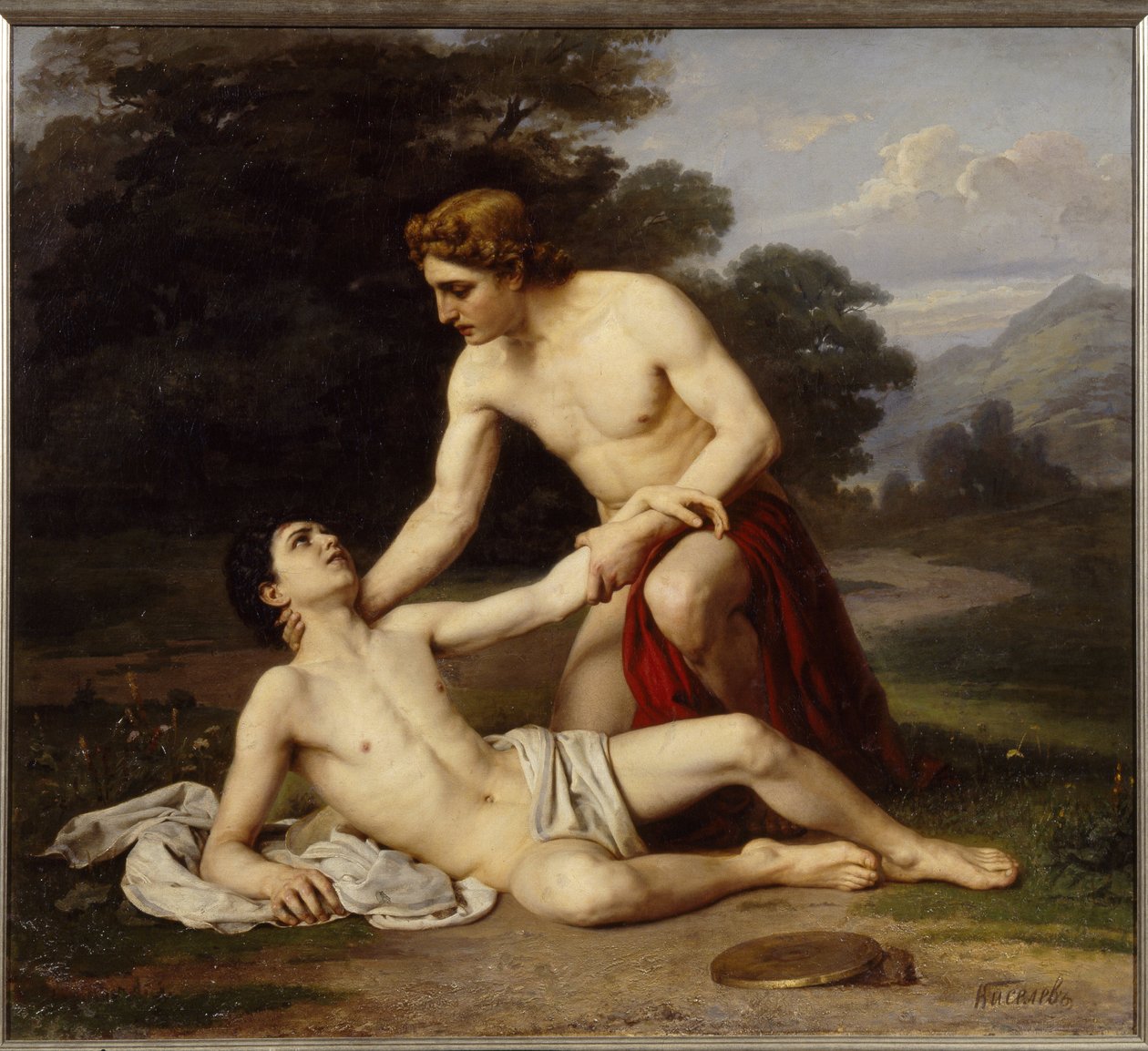 Apollo a Hyacint (Apollo a Hyacint). Řecký bůh se sklání nad mladíkem zraněným v chrámu při nácviku hodu diskem. Obraz Alexandra Alexejeviče Kiseleva (1855-po 1918), olej na plátně od Alexander Alexeyevich Kiselev