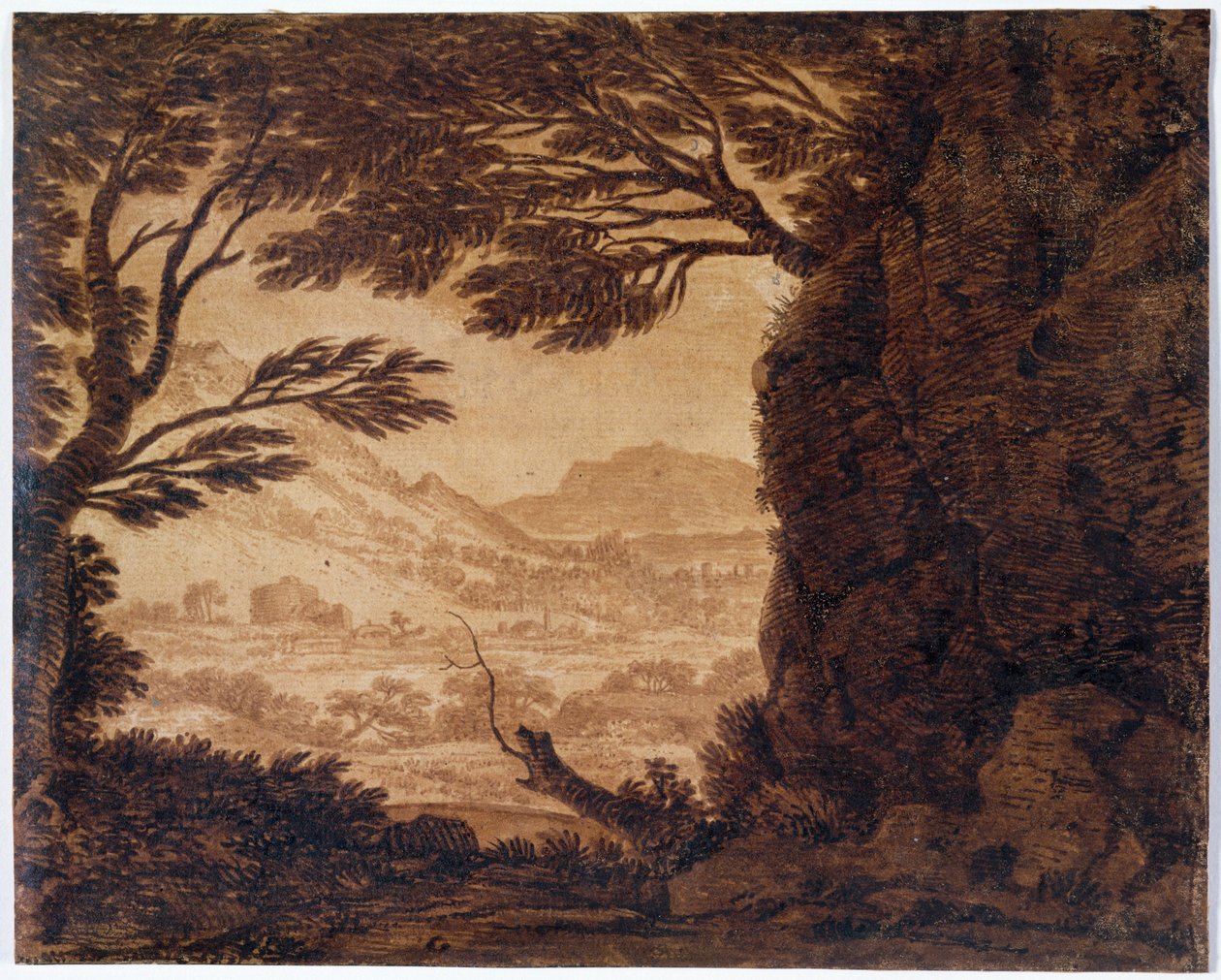 Klasická krajina, polovina 18. století (sépie na papíře) od Alexander Cozens