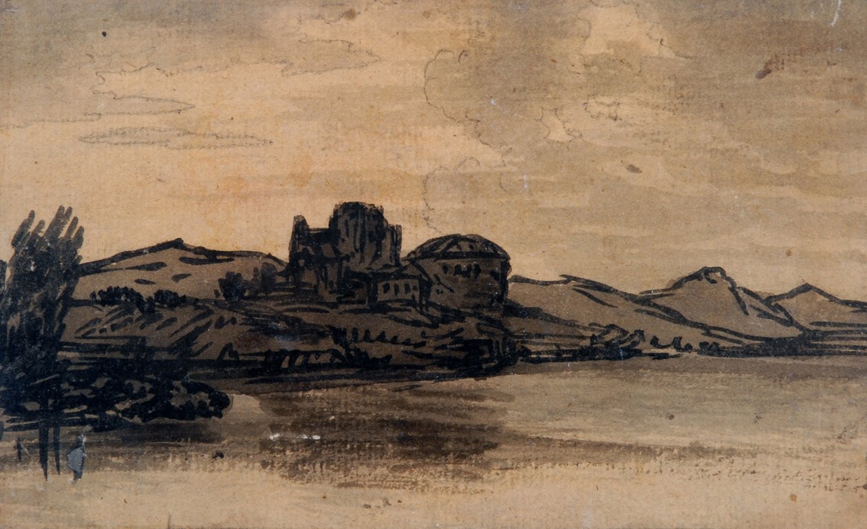Italská krajina s klenutou budovou (tužka a mytí na papíře) od Alexander Cozens