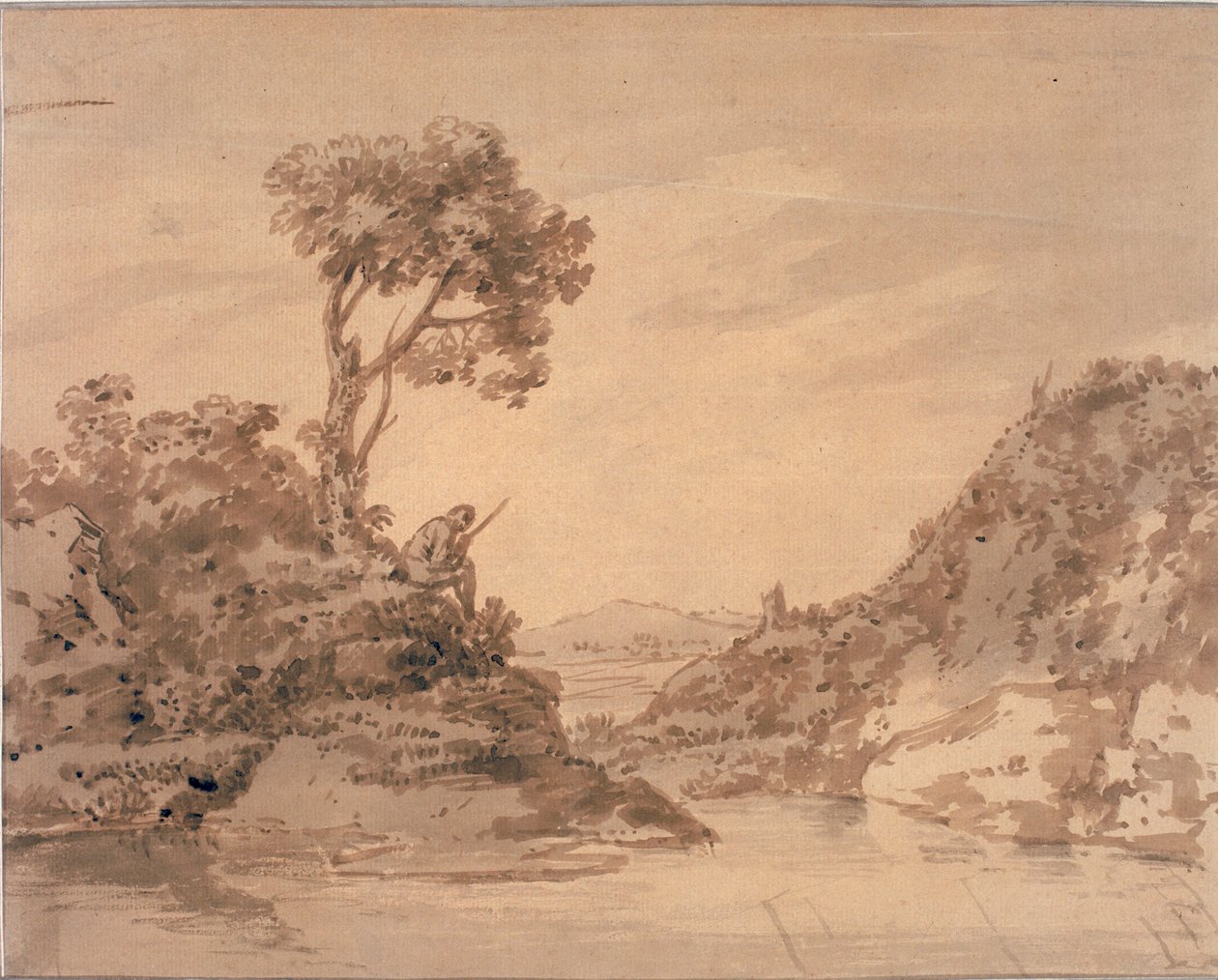Krajina s postavou na břehu bazénu (akvarel, sépie a mytí) od Alexander Cozens