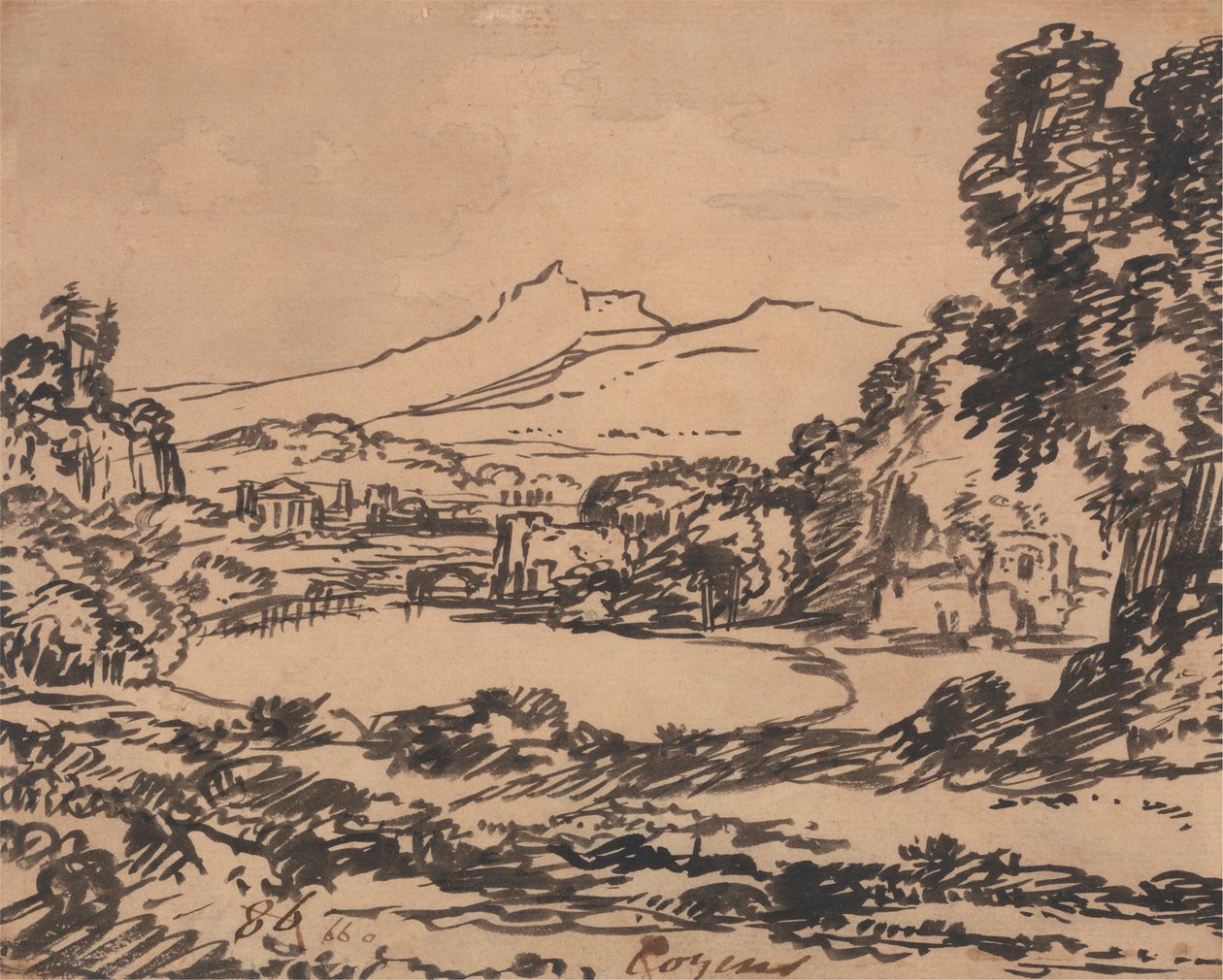 Krajina s jezerem a vzdálenou horou od Alexander Cozens
