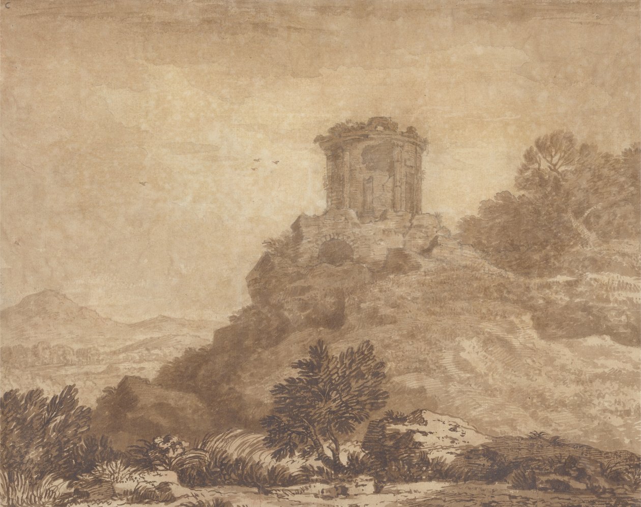 Krajina se zničeným chrámem, kolem roku 1756 (grafit a lavírovaný papír) od Alexander Cozens