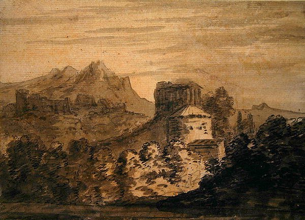 Hornatá krajina s italskými budovami (tužka, pero, inkoust a inkoust na papíře) od Alexander Cozens