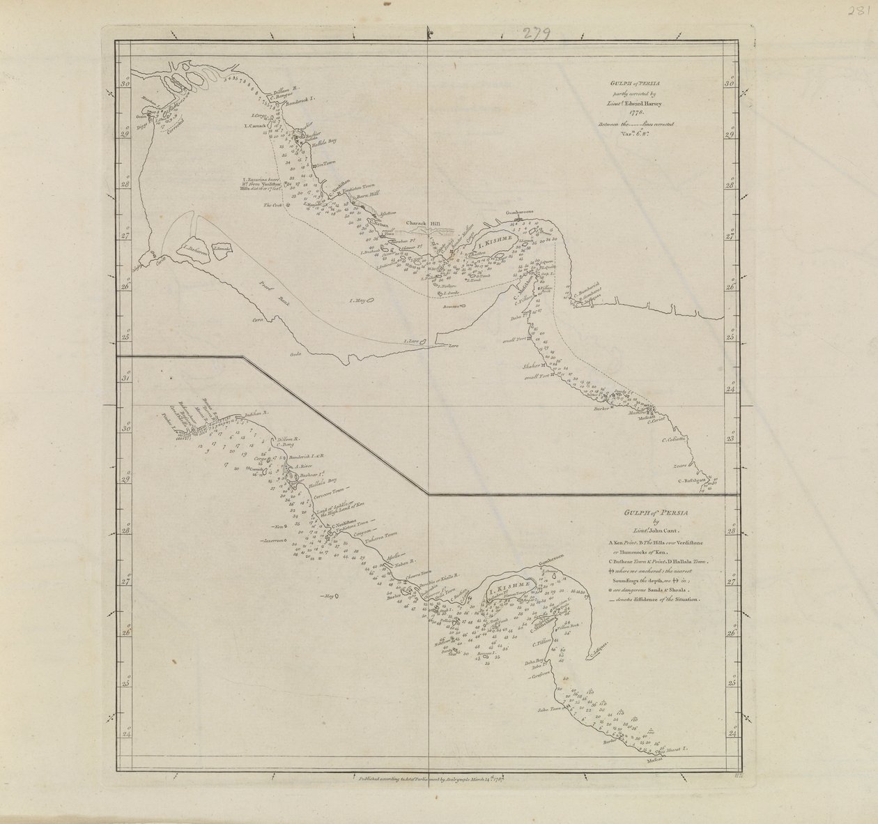Plány přístavů, Dalrymple, Alexander vydáno v roce 1791 ID číslo 41167-2001 Plošná mapa části Perského zálivu, částečně opravená poručíkem Edwardem Harveyem 1778. od Alexander Dalrymple
